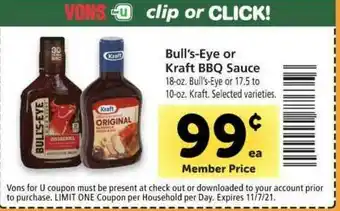 Vons Bull's-Eye Or Kraft BBQ Sauce offer