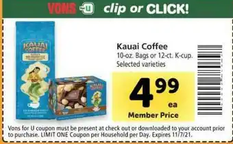 Vons Kauai Coffee Bags Or K-Cup offer
