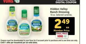 Vons Hidden Valley Ranch Dressing offer