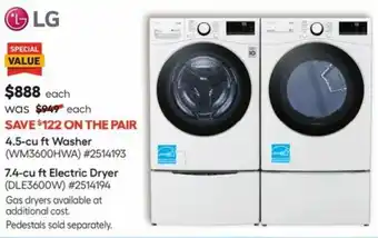 Lowe's LG 4.5-Cu Ft. Washer, 7.4-Cu Ft Electric Dryer offer