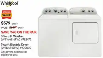 Lowe's Whirpool 3.5-Cu Ft Washer, 7-Cu Ft Electric Dryer offer