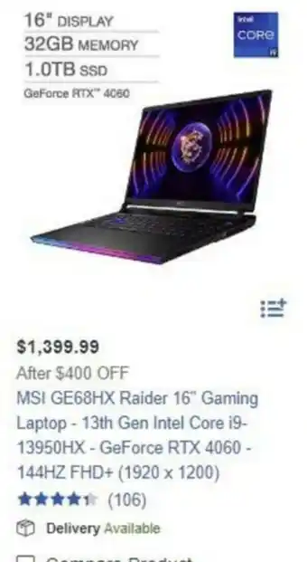 Costco MSI GE68HX Raider 16" Gaming Laptop - 13th Gen Intel Core i9-13950HX - GeForce RTX 4060 - 144HZ FHD+ (1920 x 1200) offer