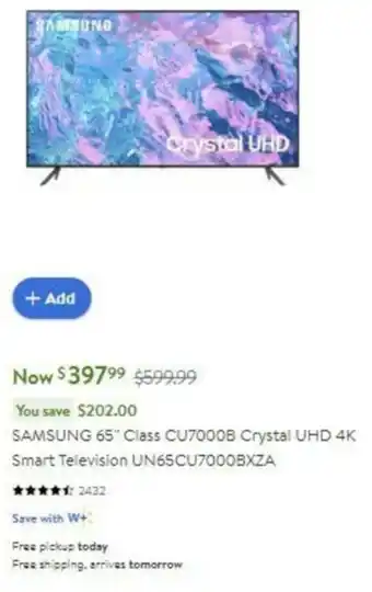 Walmart SAMSUNG 65" Class CU7000B Crystal UHD 4K Smart Television offer