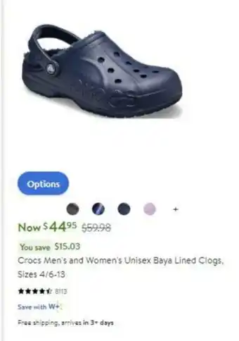 Walmart Crocs Men's and Women's Unisex Baya Lined Clogs, Sizes 4/6-13 offer