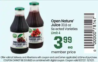 Safeway Open Nature Juice 33.8 oz offer