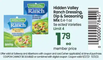 Safeway Hidden Valley Ranch Dressing, Dio & Seasoning Mix 0.4-1 oz offer
