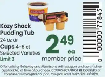 Safeway Kozy Shack Pudding Tub 24 oz Or Cups offer