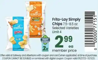 Safeway Frito-Lay Simply Chips 7.5-8.5 oz offer