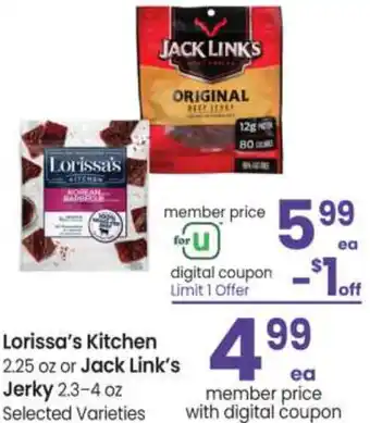Safeway Lorissa's Kitchen 2.25 Oz Or Jack Link's Jerky 2.3-4 oz offer