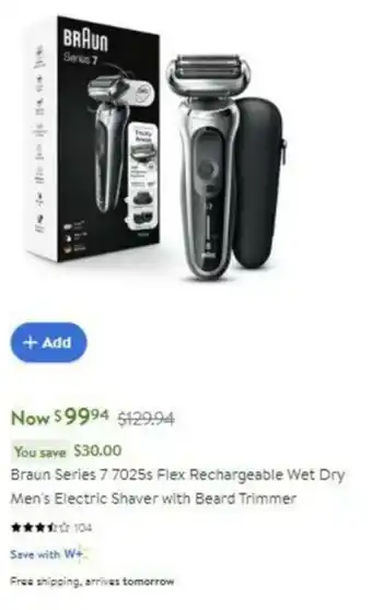 Walmart Braun Series 7 7025s Flex Rechargeable Wet Dry Men's Electric Shaver with Beard Trimmer offer
