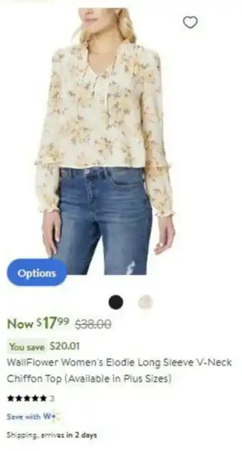 Walmart WallFlower Women's Elodie Long Sleeve V-Neck Chiffon Top (Available in Plus Sizes) offer