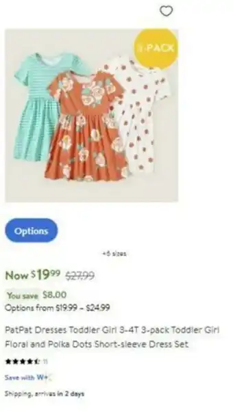 Walmart PatPat Dresses Toddler Girl 3-4T 3-pack Toddler Girl Floral and Polka Dots Short-sleeve Dress Set offer