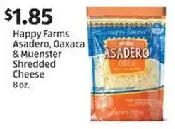 Aldi Happy Farms Asadero, Oaxaca & Muenster Shredded Cheese offer