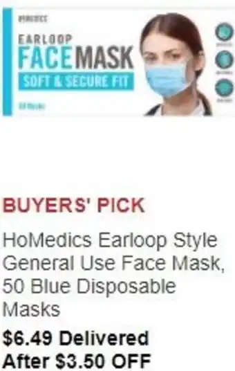 Costco HoMedics Earloop Style General Use Face Mask offer