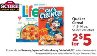 Albertsons Quaker Cereal 11.5-14 oz offer