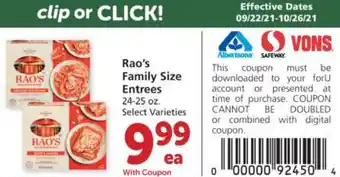 Albertsons Rao's Family Size Entrees 24-25 oz offer