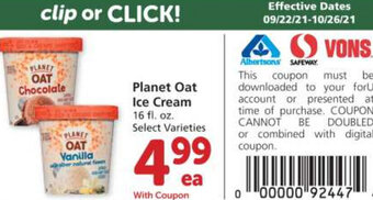 Albertsons Planet Oat Ice Cream offer