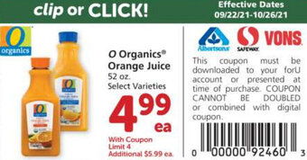 Albertsons O Organics Orange Juice 52 oz offer