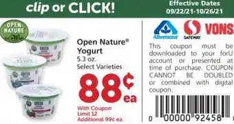 Albertsons Open Nature Yogurt 5.3 oz offer
