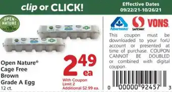 Albertsons Open Nature Cage Free Brown Grade A Egg offer