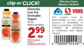 Albertsons Glenoaks Low Fat Drinkable Yogurt 32 oz offer