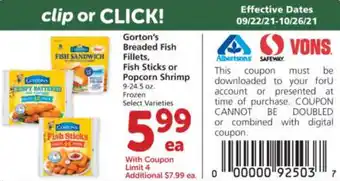 Albertsons Gorton's Breaded Fish Fillets, Fish Sticks Or Popcorn Shrimp offer