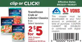 Albertsons TransOcean Crab Or Lobster Classics 8 oz offer