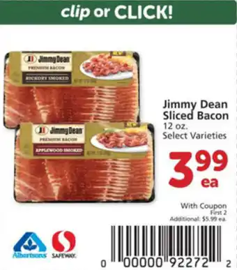 Albertsons Jimmy Dean Sliced Bacon 12 oz offer