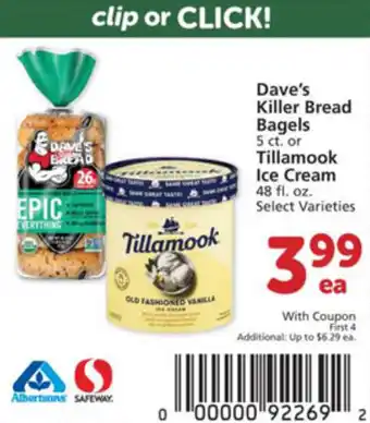 Albertsons Dave's Killer Bread Bagels Or Tillamook Ice Cream offer