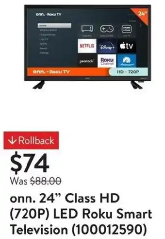 Walmart onn. 24" Class HD (720P) LED Roku Smart Television (100012590) offer