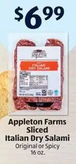 Aldi Appleton Farms Sliced Italian Dry Salami Original or Spicy 16 oz. offer