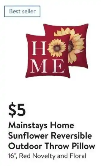 Walmart Mainstays Home Sunflower Reversible Outdoor Throw Pillow 16", Red Novelty and Floral offer