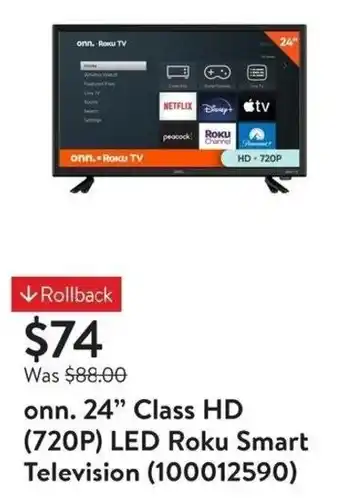 Walmart onn. 24" Class HD (720P) LED Roku Smart Television (100012590) offer