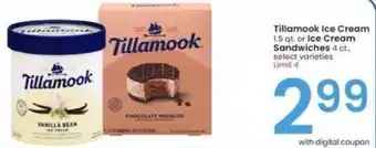 Albertsons Tillamook Ice Cream 1.5 qt. or Ice Cream Sandwiches 4 ct. offer