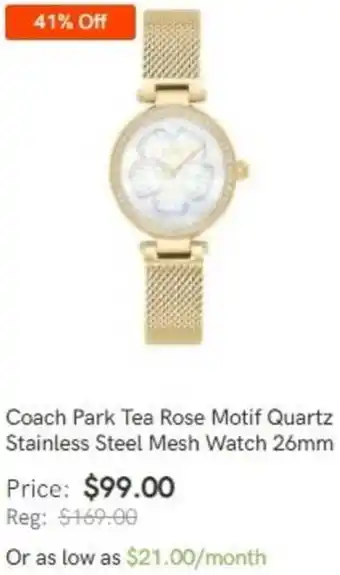 Couch Park Tea Rose Motif Quartz Stainless Steel Mesh Watch 26mm