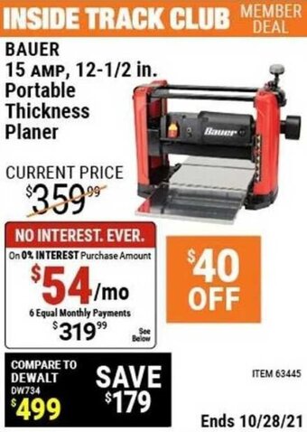 Harbor Freight Tools Bauer 15 Amp, 12-1/2 In. Portable Thickness Planer offer