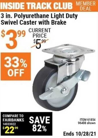 Harbor Freight Tools 3 In. Polyurethane Light Duty Swivel Caster With Brake offer