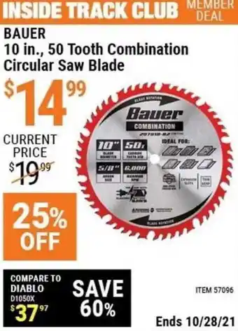 Harbor Freight Tools Bauer 10 In., 50 Tooth Combination Circular Saw Blade offer