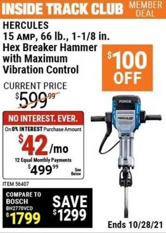 Harbor Freight Tools Hercules 15 Amp, 66 Lb 1-1/8 iN. Hex Breaker Hammer With Maximum Vibration Control offer