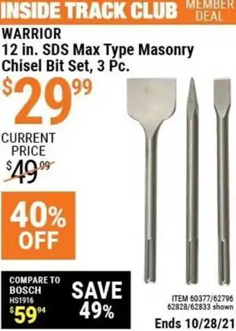 Harbor Freight Tools Warrior 12 In. SDS Max Type Masonry Chisel Bit Set 3 Pc offer