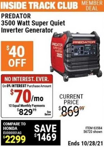 Harbor Freight Tools Predator 3500 Watt Super Quiet Inverter Generator offer