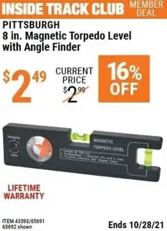 Harbor Freight Tools Pittsburgh 8 In. Magnetic Torpedo Level With Angle Finder offer