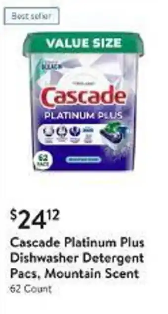 Walmart Cascade Platinum Plus Dishwasher Detergent Pacs, Mountain Scent 62 Count offer