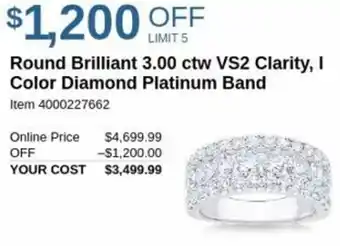 Costco Round Brilliant 3.00 ctw VS2 Clarity, I Color Diamond Platinum Band offer