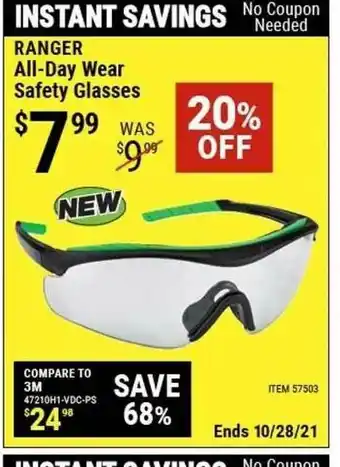 Harbor Freight Tools Ranger All-day Wear Safety Glasses offer