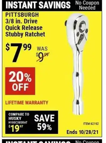 Harbor Freight Tools Pittsburgh 3 8 In. Drive Quick Release Stubby Ratchet offer