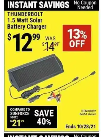 Harbor Freight Tools Thunderbold 1.5 Watt Solar Battery Charger offer