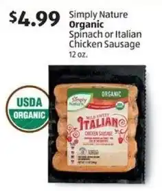 Aldi Simply Nature Organic Spinach or Italian Chicken Sausage offer