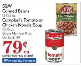 Pavilions S&W Canned Beans, Campbell's Tomatoe Or Chicken Noodle Soup offer