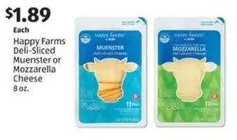 Aldi Happy Farms Deli-Sliced Muenster or Mozzarella Cheese 8 oz. offer